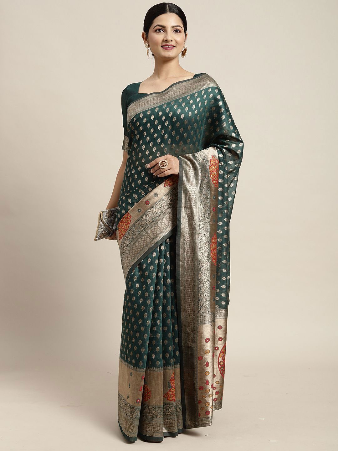 

Anouk Rustic Woven Design Zari Silk Cotton Banarasi Saree, Green
