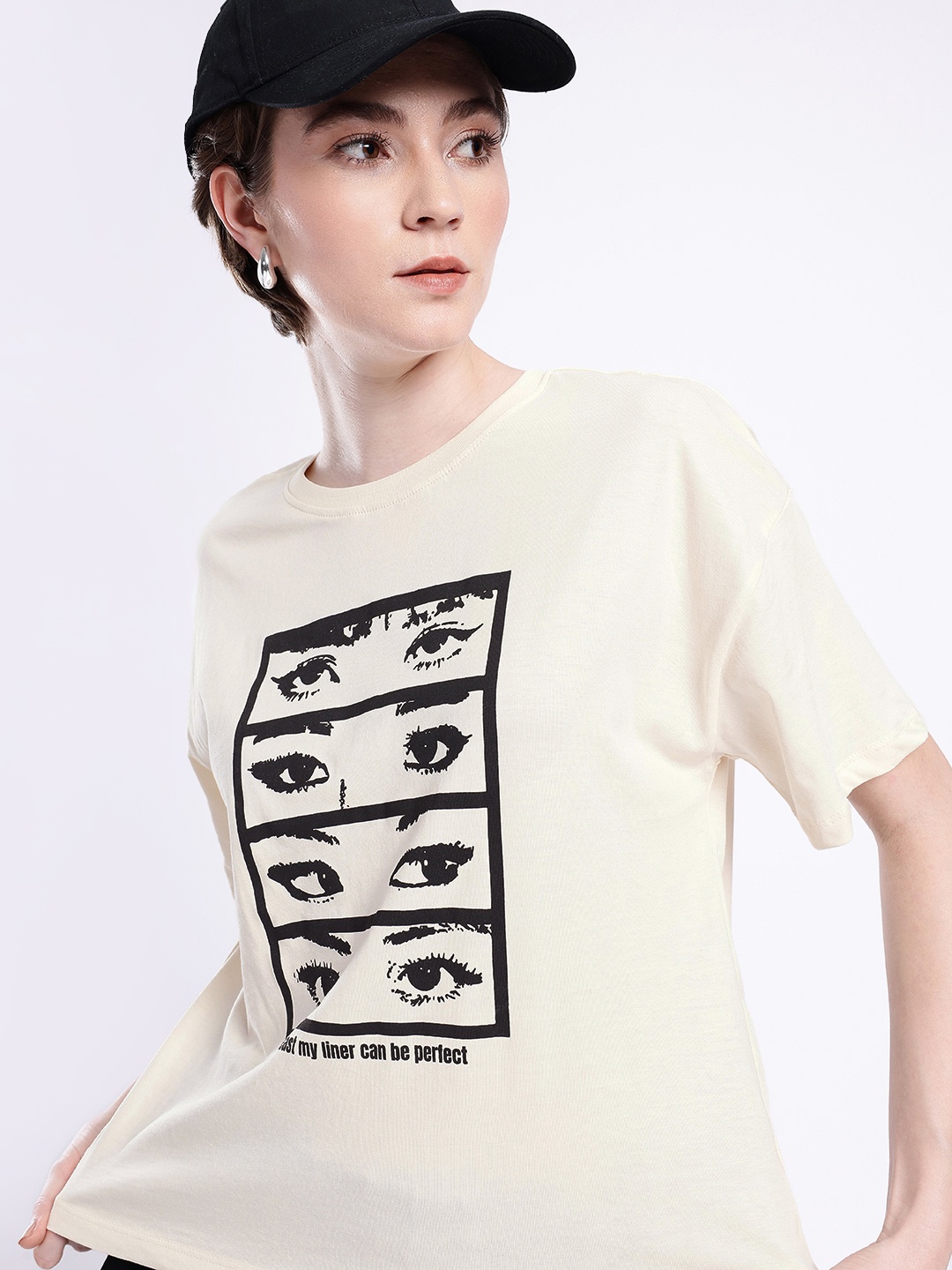 

glitchez Chic Vibes Printed Oversized T-shirt, Cream