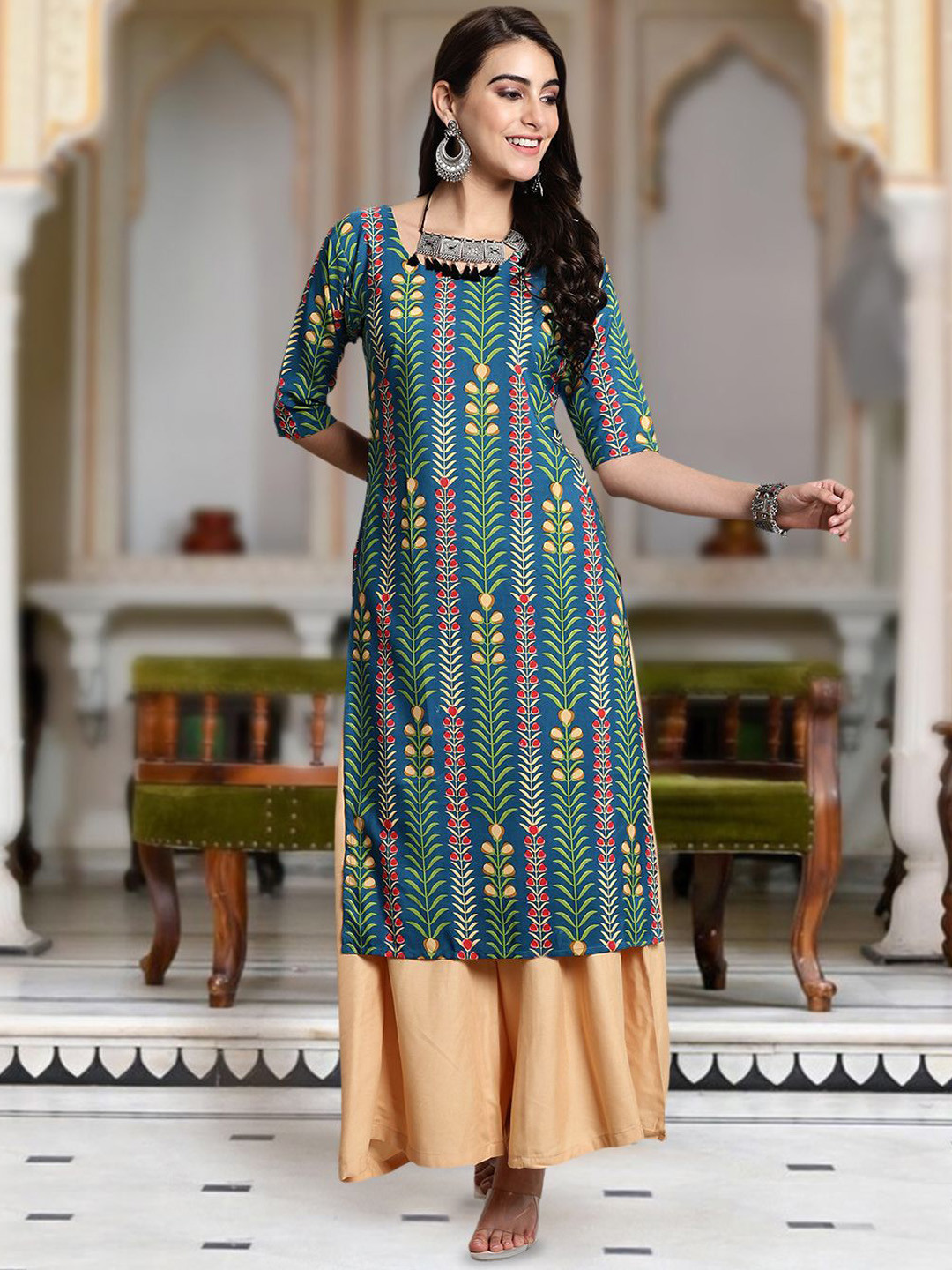 

Moda Rapido Floral Printed Round Neck Straight Kurta, Green