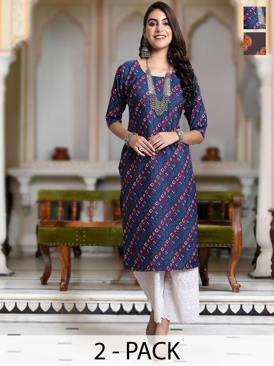 

Moda Rapido Selection Of 2 Bandhani Printed Round Neck Straight Kurta, Blue