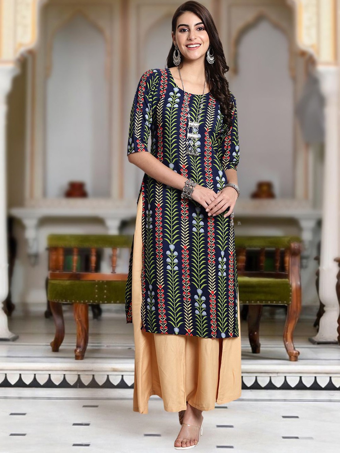 

Moda Rapido Floral Printed Round Neck Straight Kurta, Navy blue