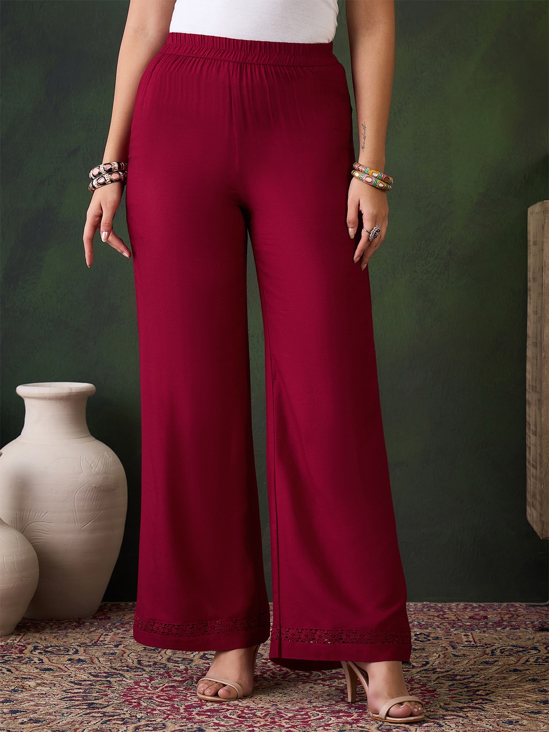 

Sangria Embroidered High Rise Relaxed Fit Trousers, Maroon