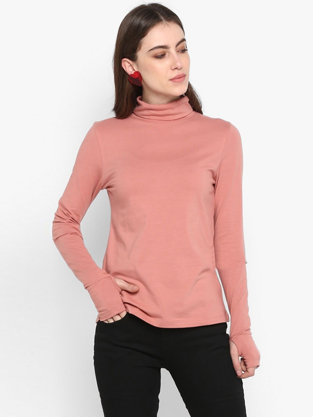 

Metronaut Women High Neck Pockets Slim Fit T-shirt, Pink