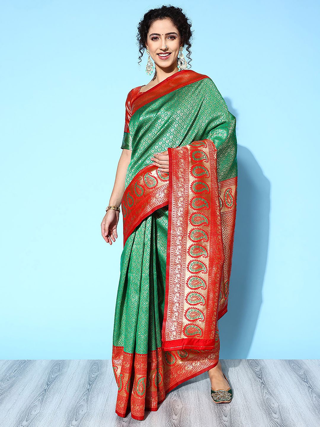 

Anouk Rustic Woven Design Zari Silk Blend Dharmavaram Saree, Green