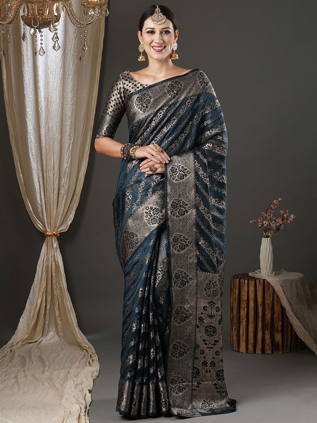 

Anouk Rustic Woven Design Zari Organza Banarasi Saree, Teal