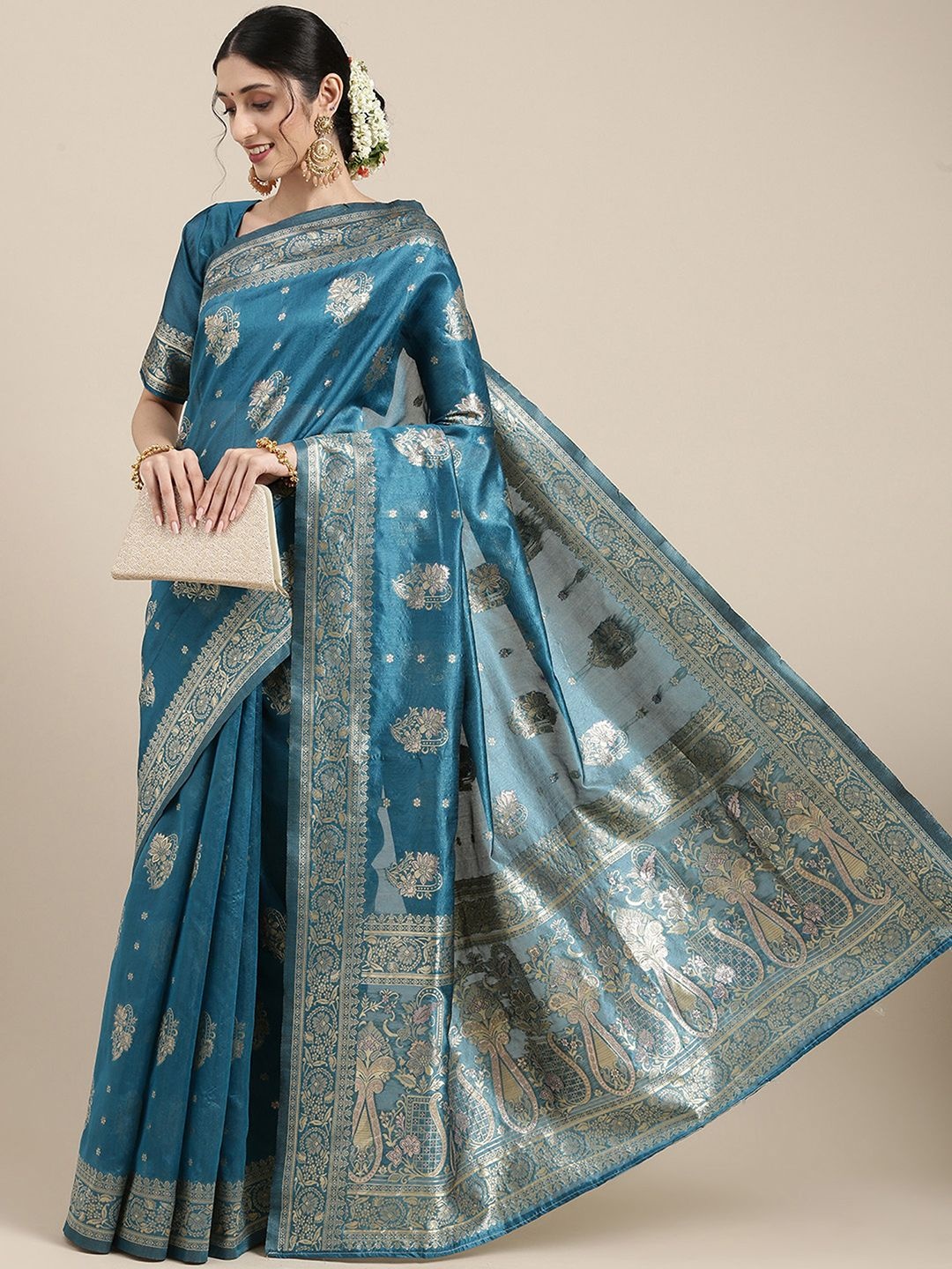 

Mitera Floral Zari Silk Blend Baluchari Saree, Blue