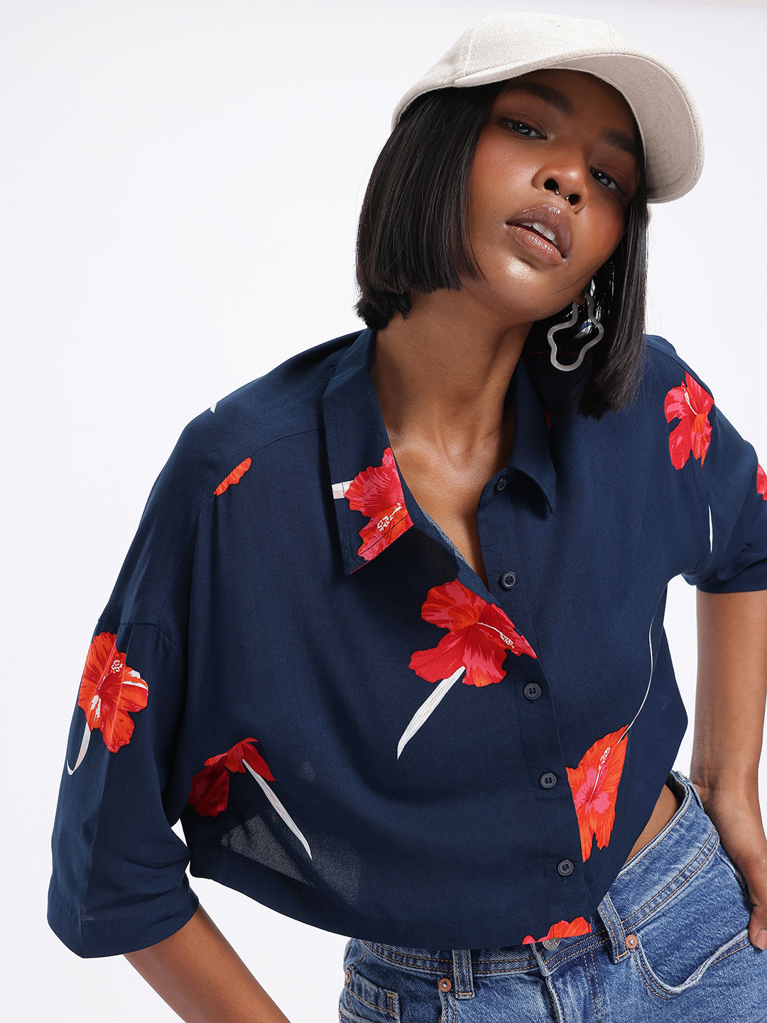 

glitchez Hibiscus Paradise Dropped Ease Boxy Crop Shirt, Navy blue