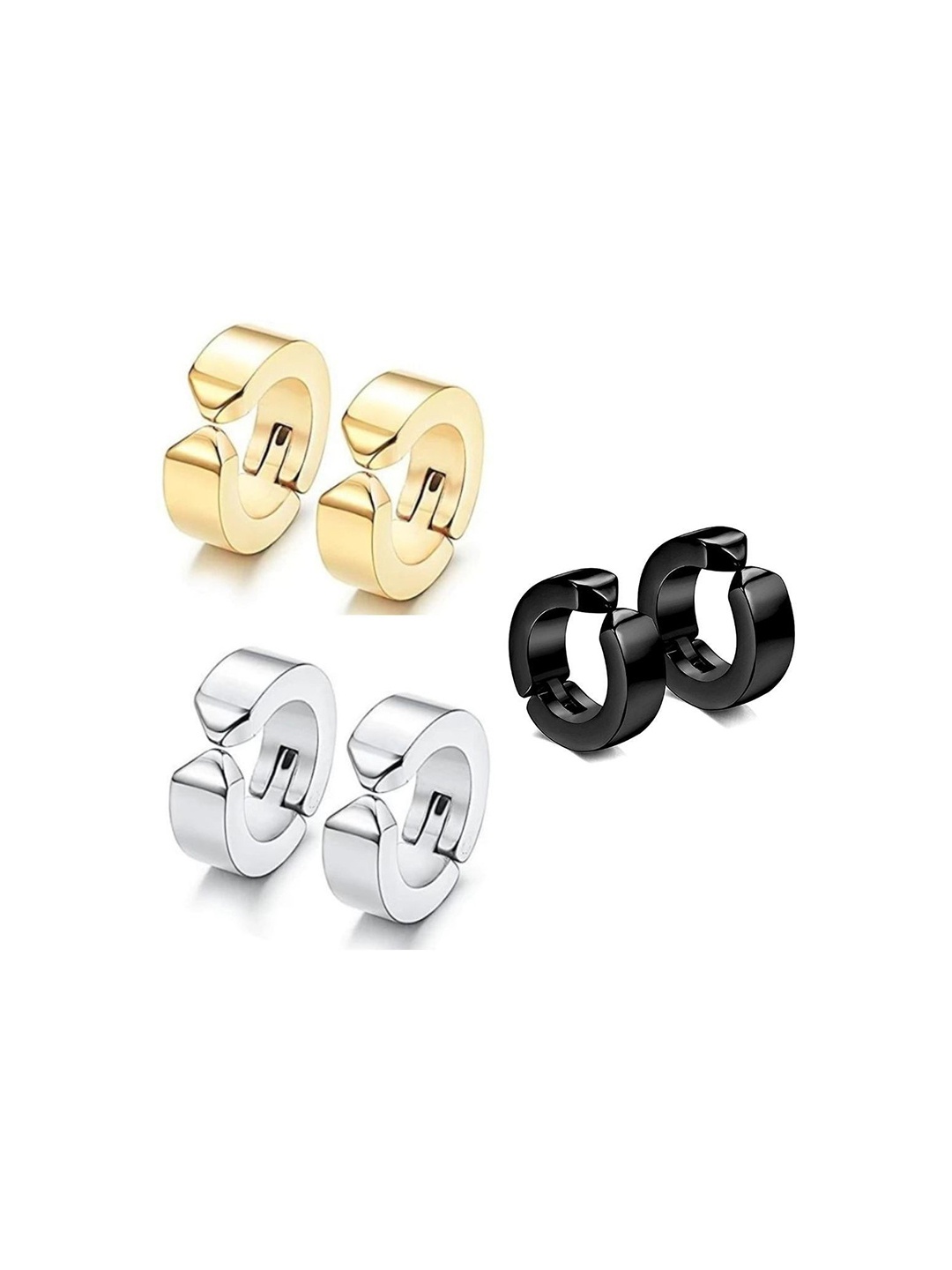 

V FASHION JEWELLERY Set Of 3 Stainless Steel Circular Shaped Hoop Earrings, Black