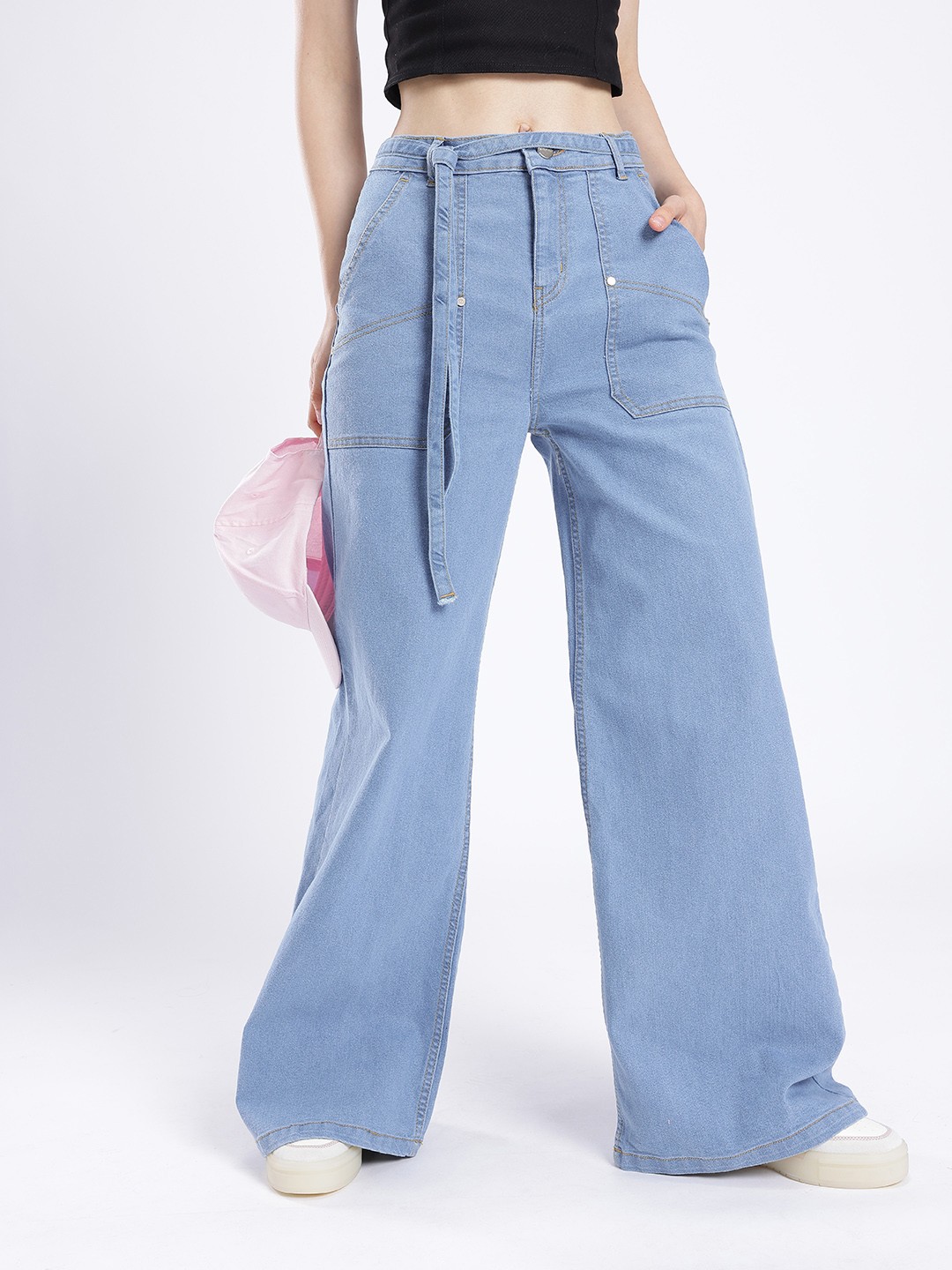 

glitchez Women Cool Touch Wide Leg Stretchable Jeans With fabric Tie-Up Belt, Blue