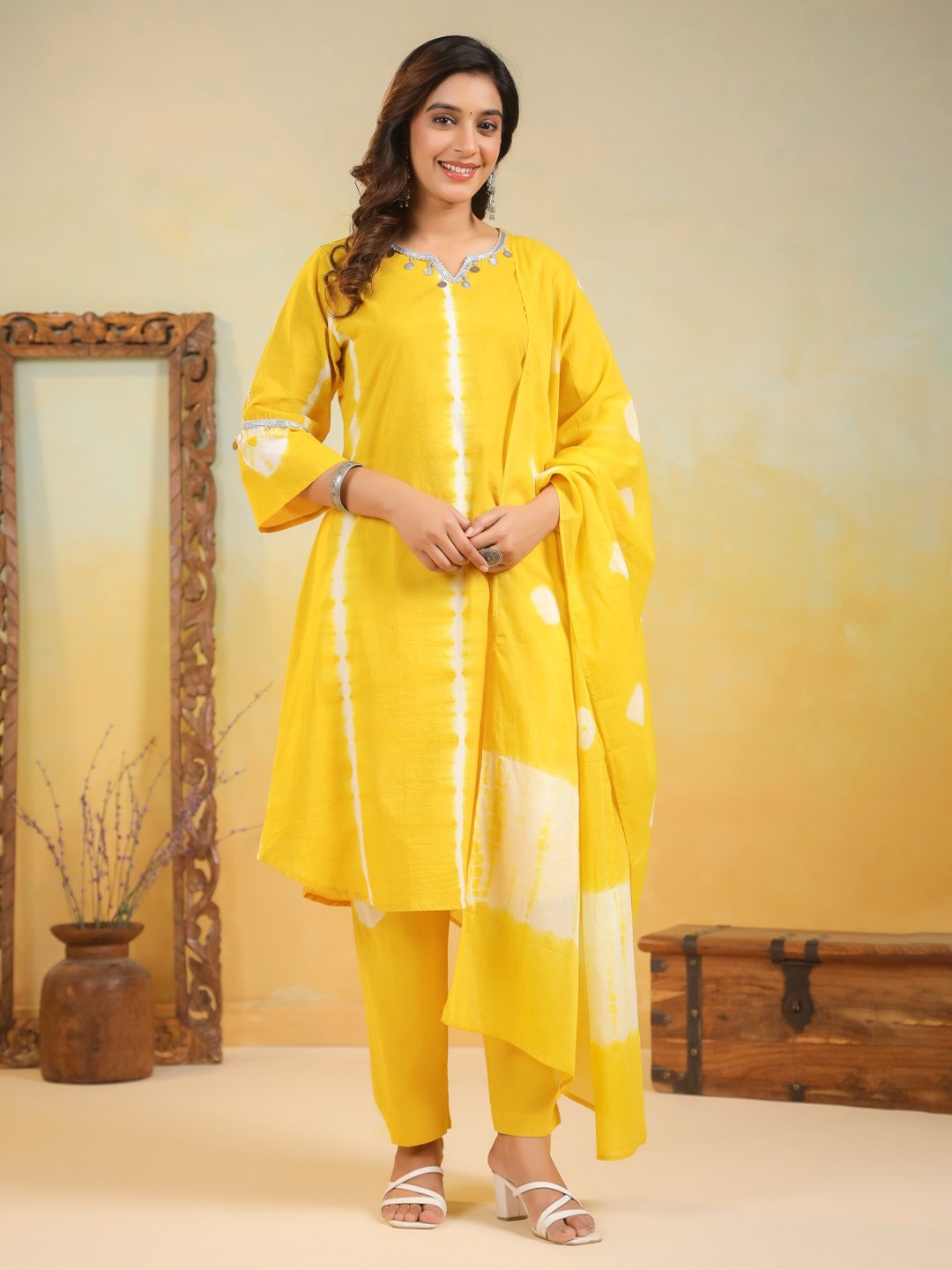

AUTUMN LANE Geometric Printed Notch Neck Pure Cotton A-Line Kurta With Trouser & Dupatta, Yellow