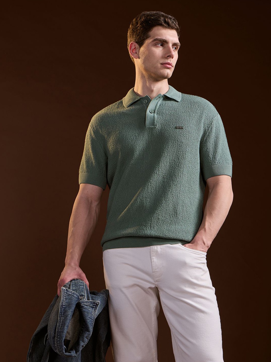 

THE BEAR HOUSE Men Polo Collar T-shirt, Green