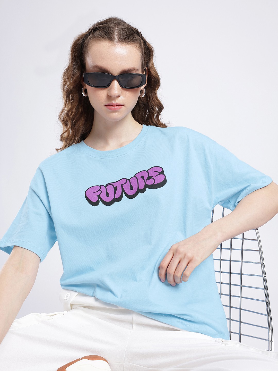 

glitchez Futuristic Vibe Printed Oversized T-shirt, Blue