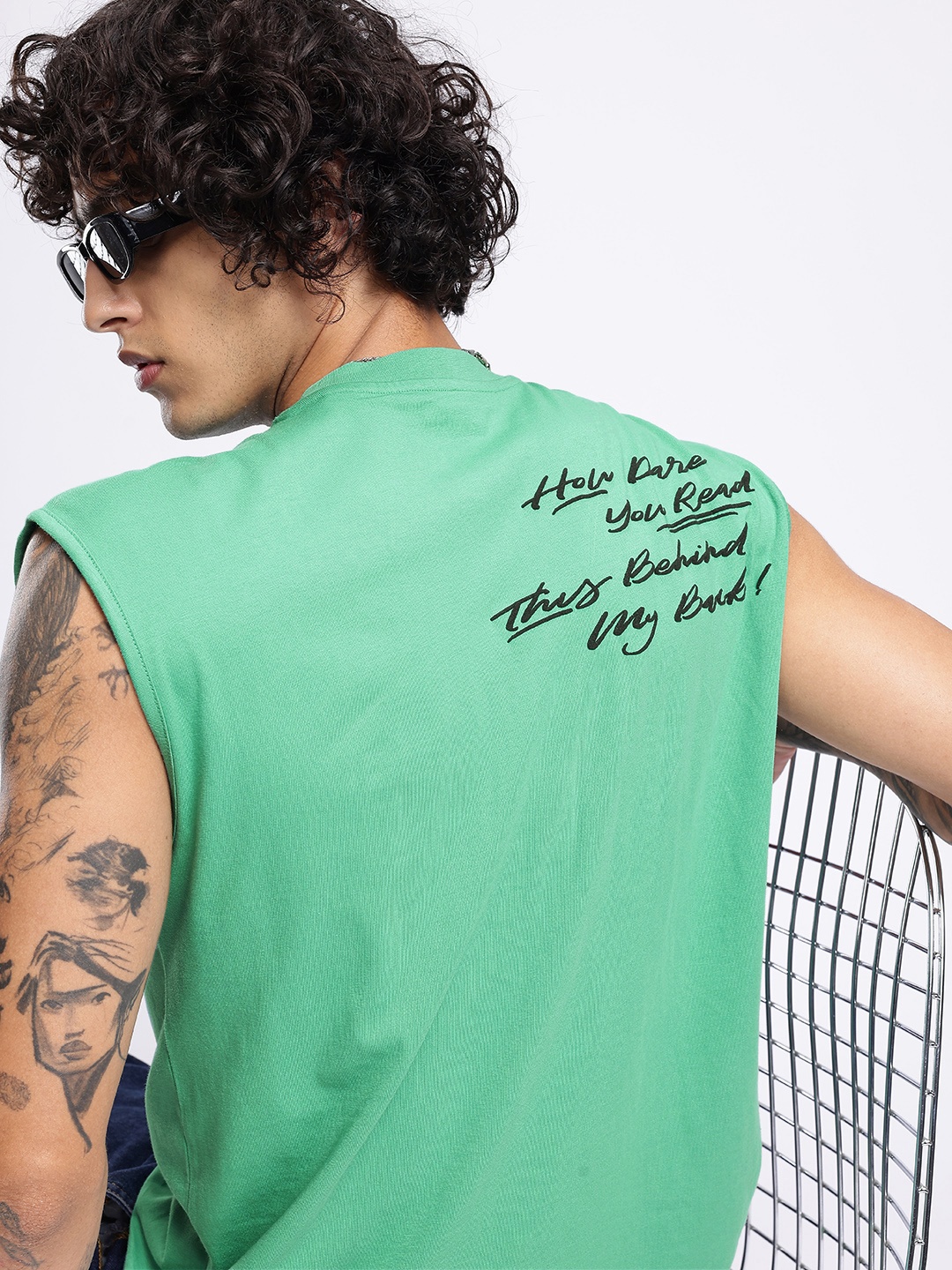 

glitchez Street Vibe Typography Printed Sleeveless Relaxed Fit T-shirt, Green