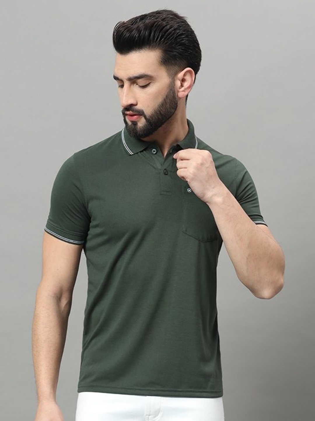 

OGEN Men Polo Collar Pockets T-shirt, Olive