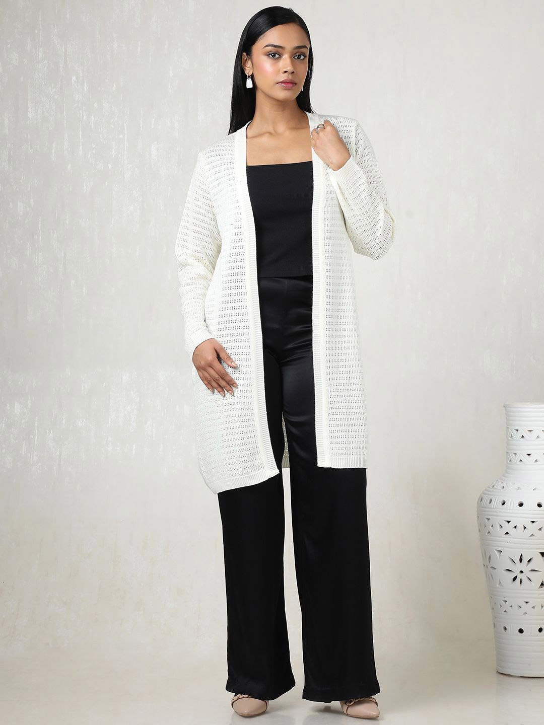 

Soch Self Design V-Neck Open Front Acrylic Longline Shrug, Cream