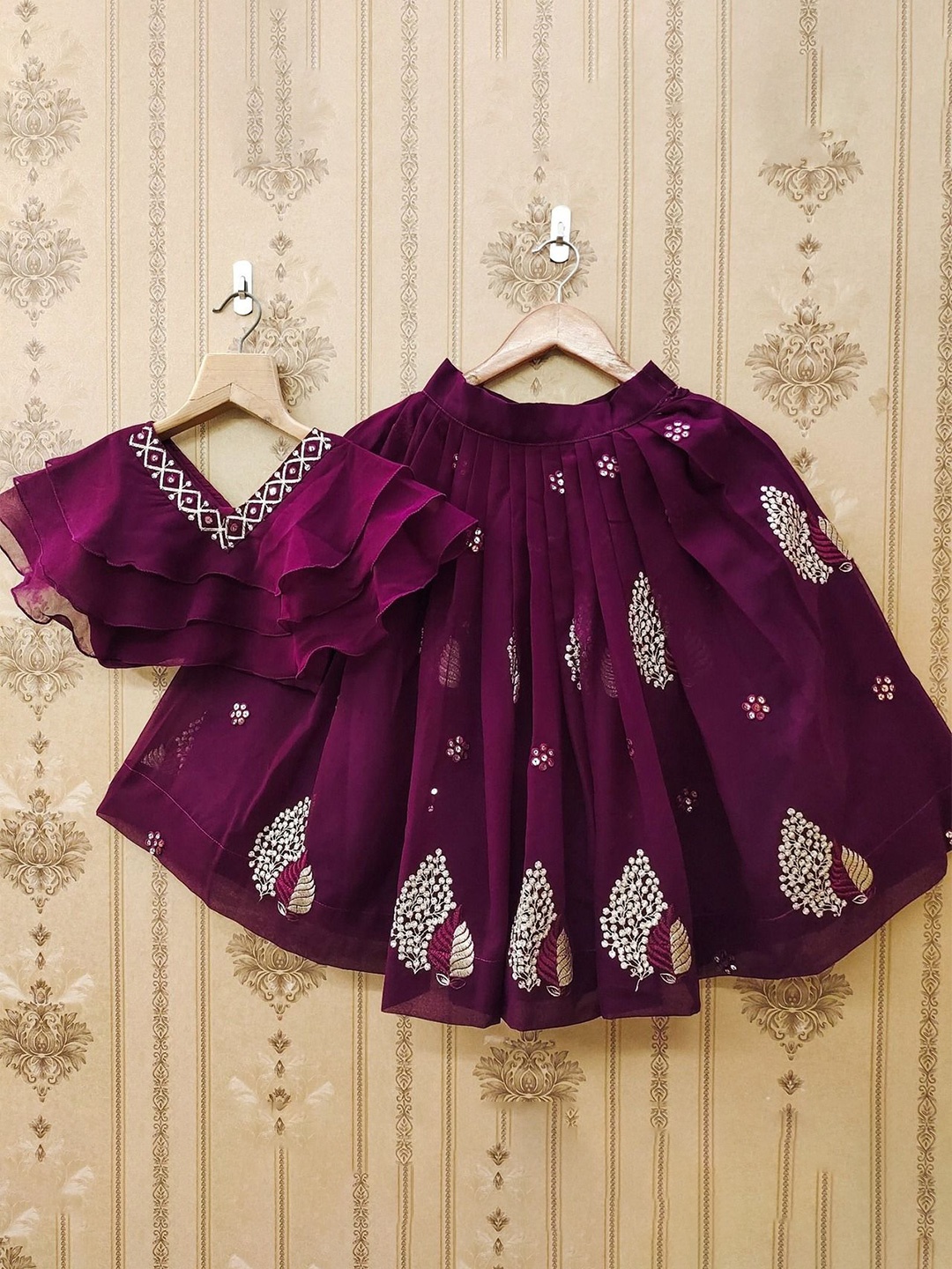 

BAESD Girls Embellished Thread Work Ready to Wear Lehenga & Choli, Purple