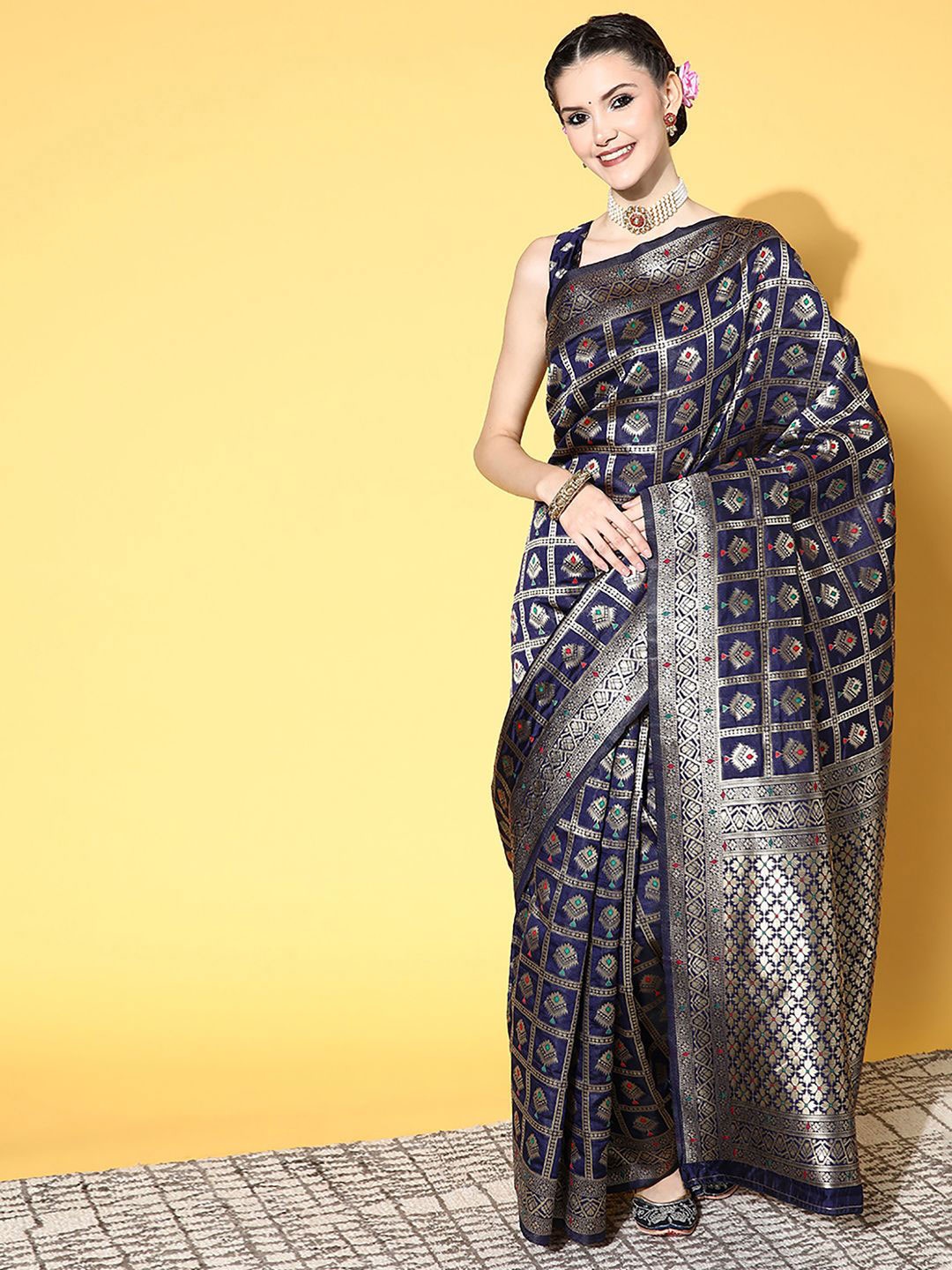 

Anouk Rustic Woven Design Zari Silk Blend Dharmavaram Saree, Navy blue