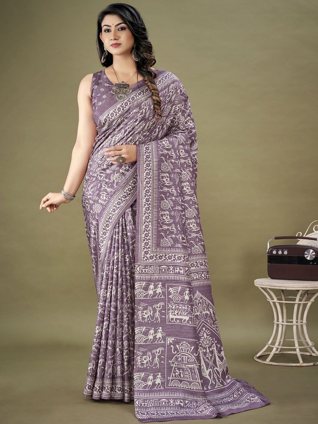 

Anouk Rustic Warli Silk Blend Bagh Saree, Mauve