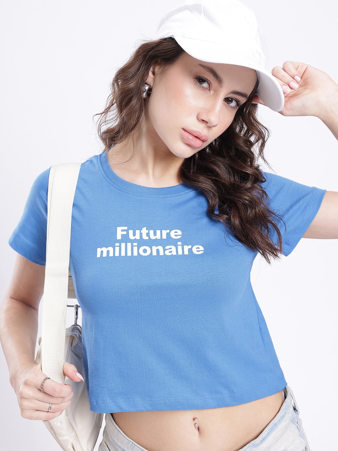 

glitchez Future Tycoon Printed Boxy Crop T-shirt, Blue