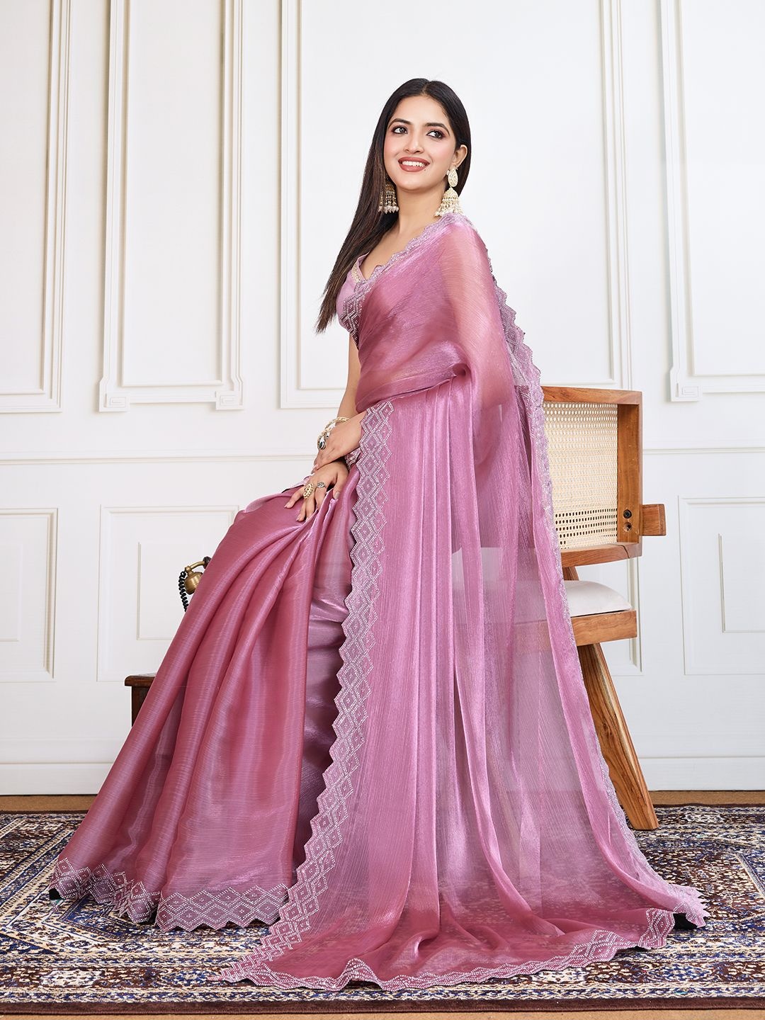 

House of Pataudi Embellished Saree With Blouse Piece, Pink