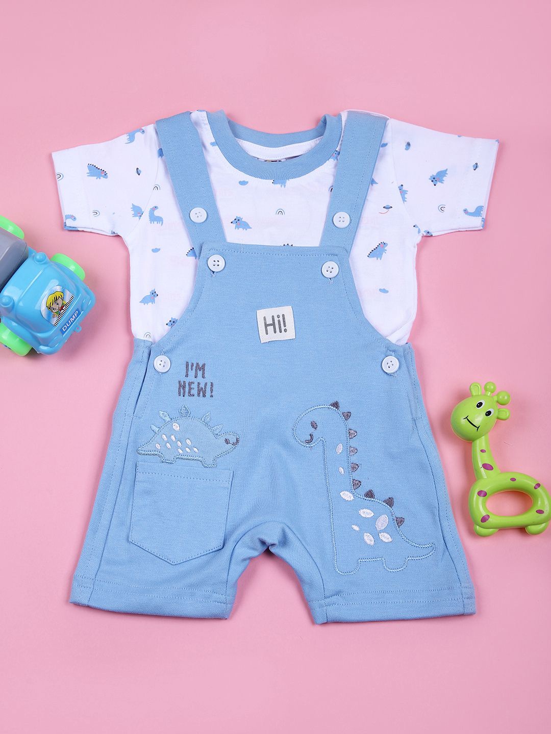 

V-Mart Infant Boys Printed Cotton Dungarees With T-Shirt, Blue