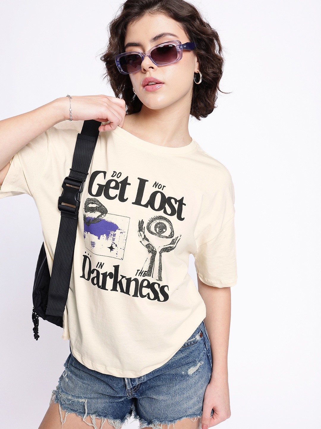 

glitchez Street Chic Graphic Printed Oversized T-shirt, Cream