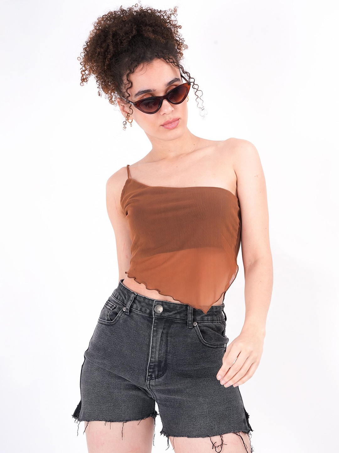 

clobug One Shoulder Net Crop Top, Brown