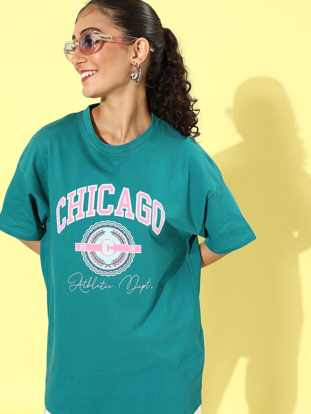 

Kook N Keech Women Typography Printed Drop-Shoulder Sleeves Pure Cotton Oversize T-shirt, Teal