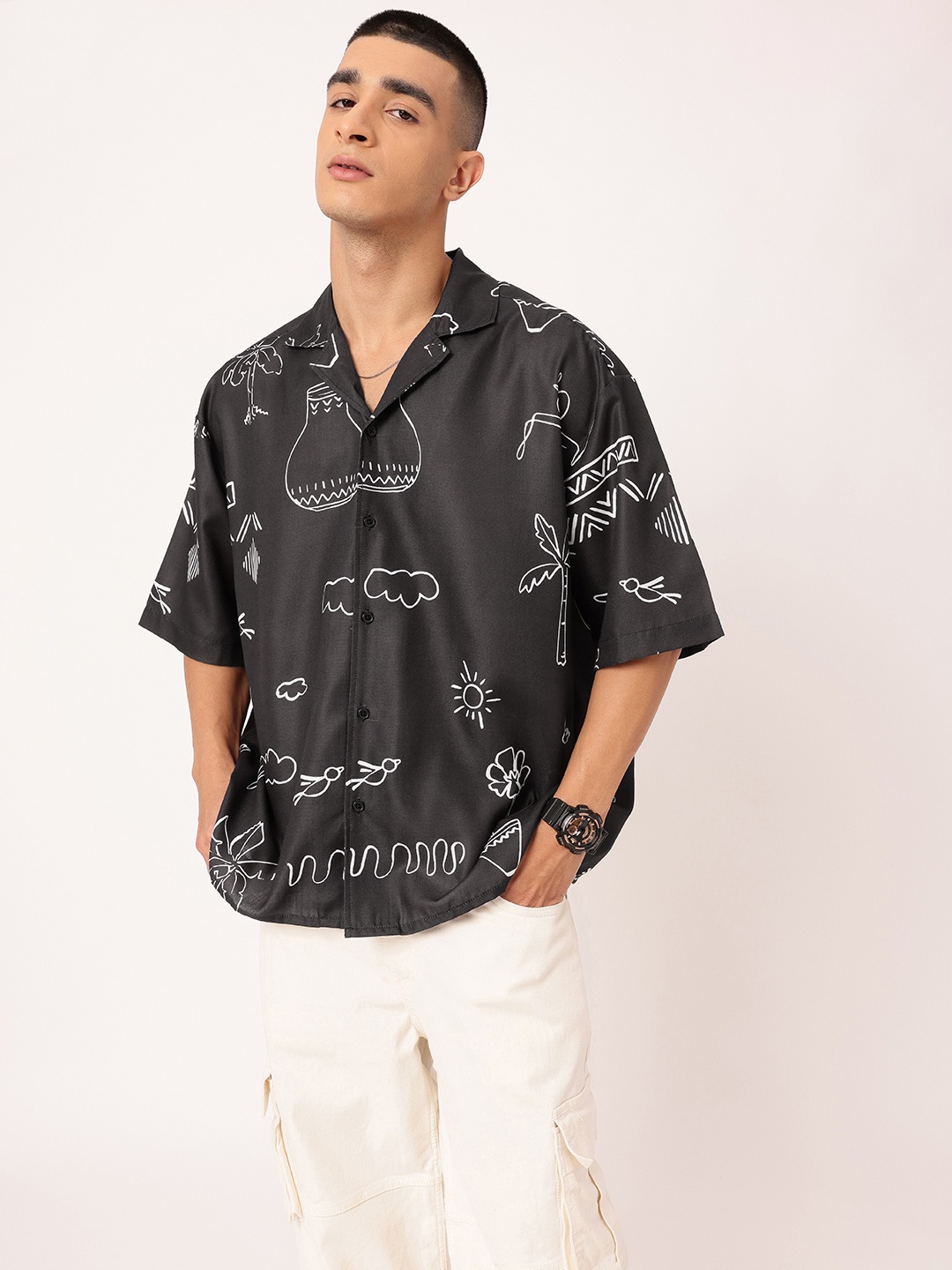 

Kook N Keech Classic Vibe Monochrome Graphic Printed Oversized Shirt, Black