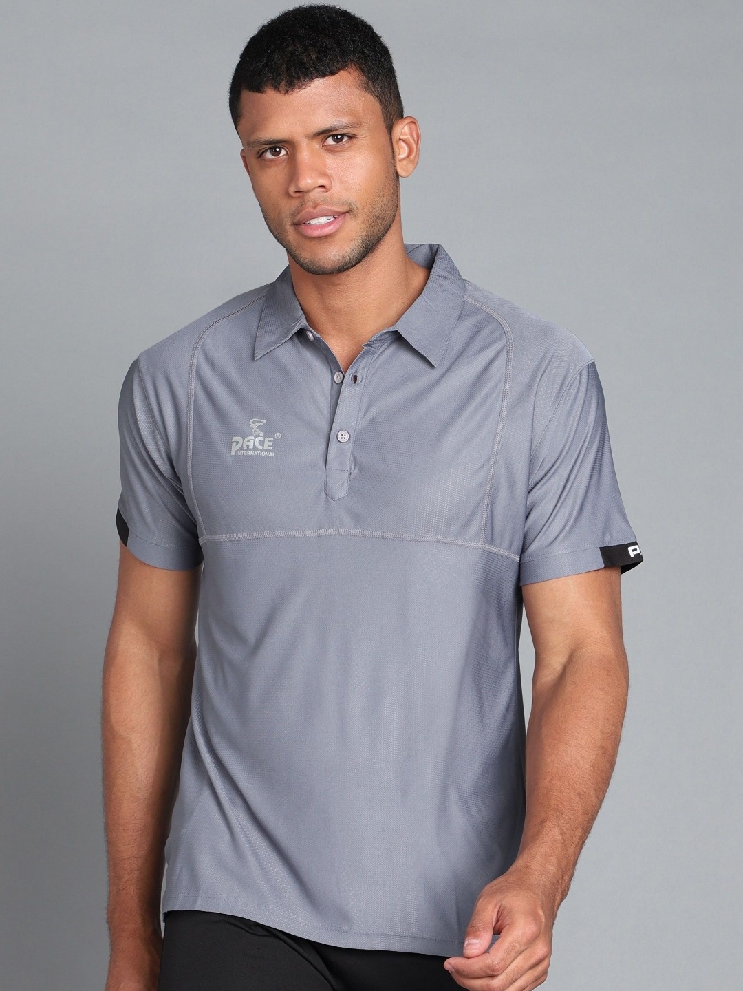 

Pace International Men Polo Collar Applique T-shirt, Grey