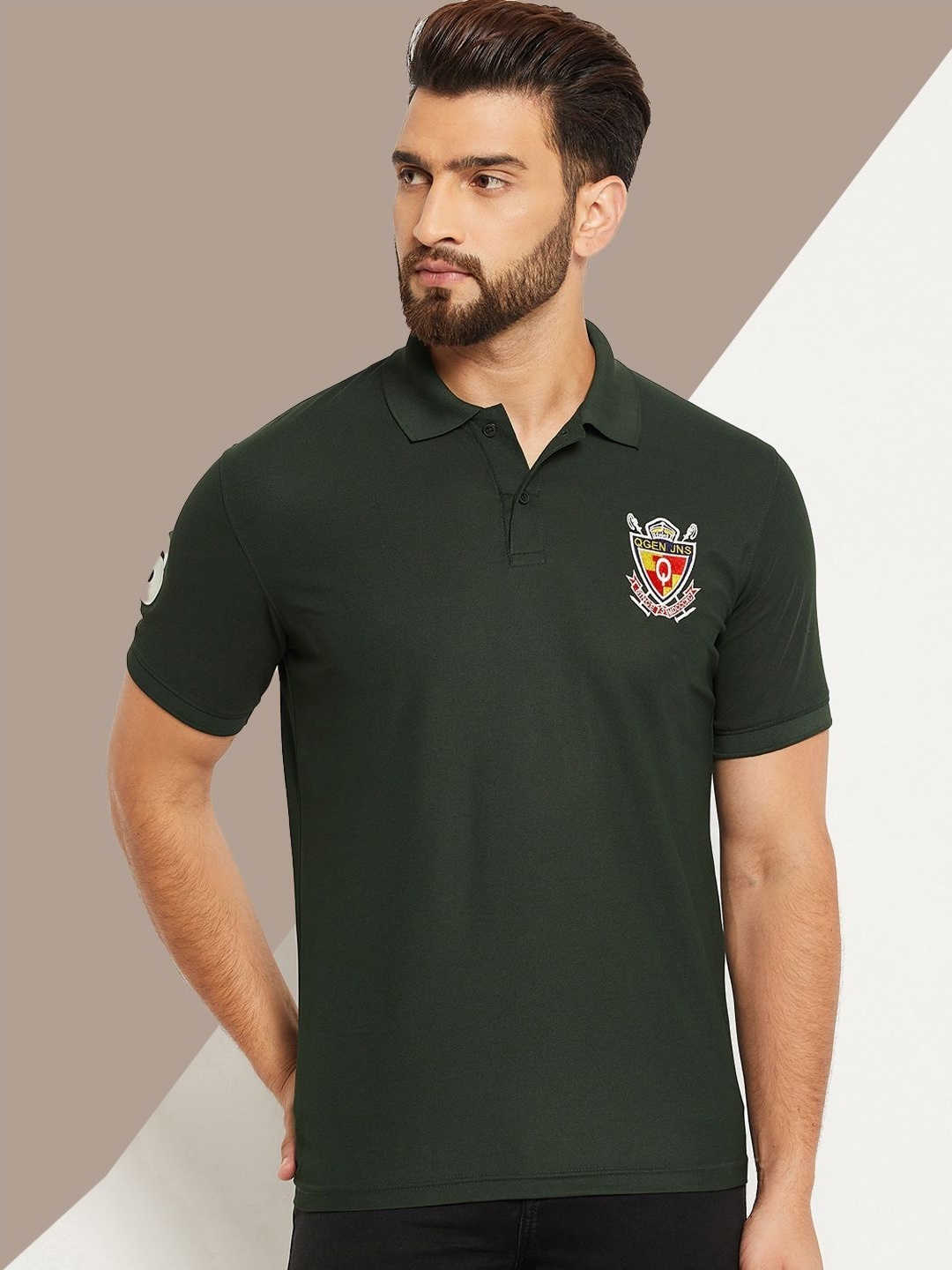 

OGEN Men Polo Collar Applique T-shirt, Olive