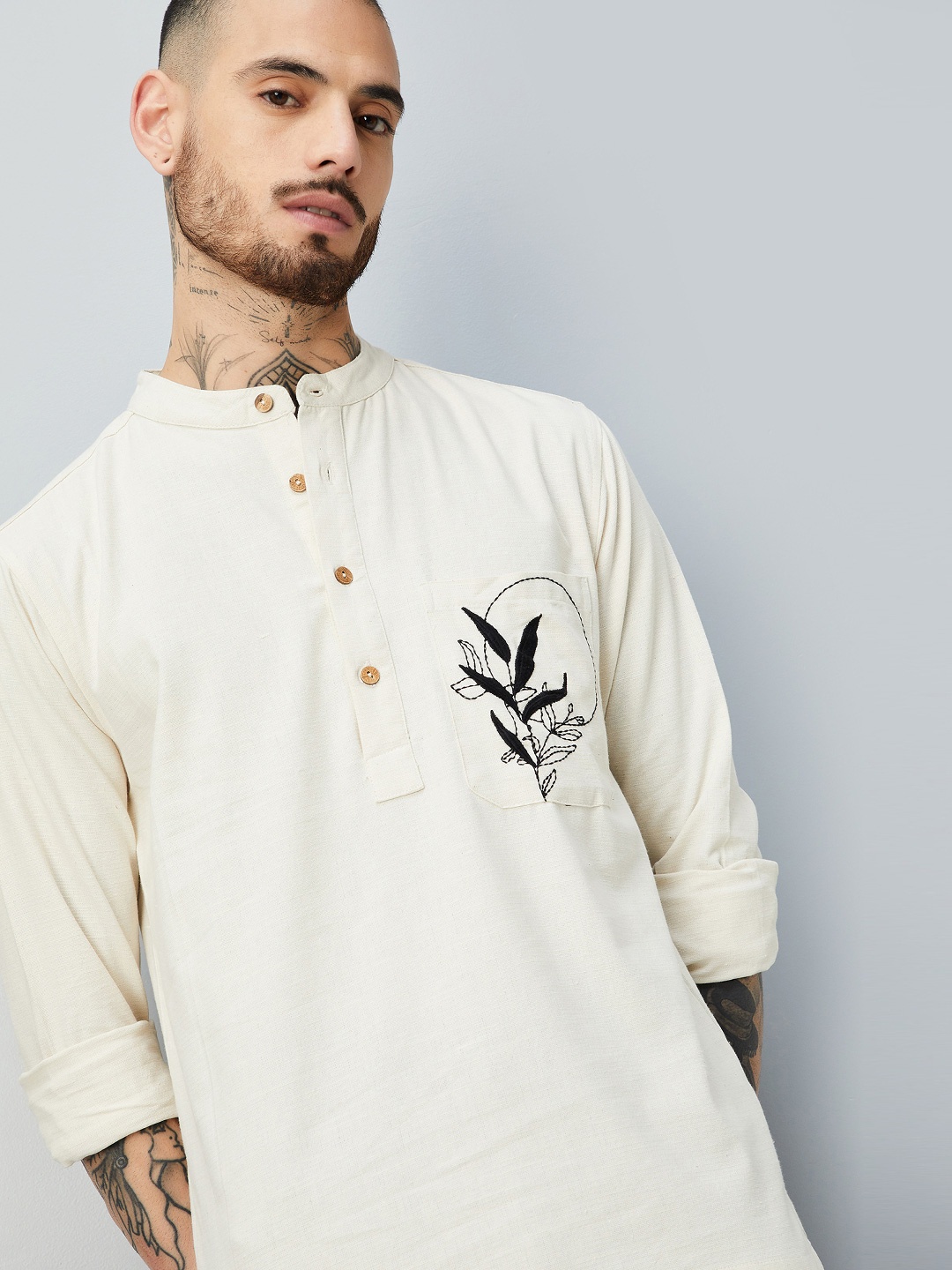

max Embroidered Thread Work Band Collar Cotton Short Kurta, Beige