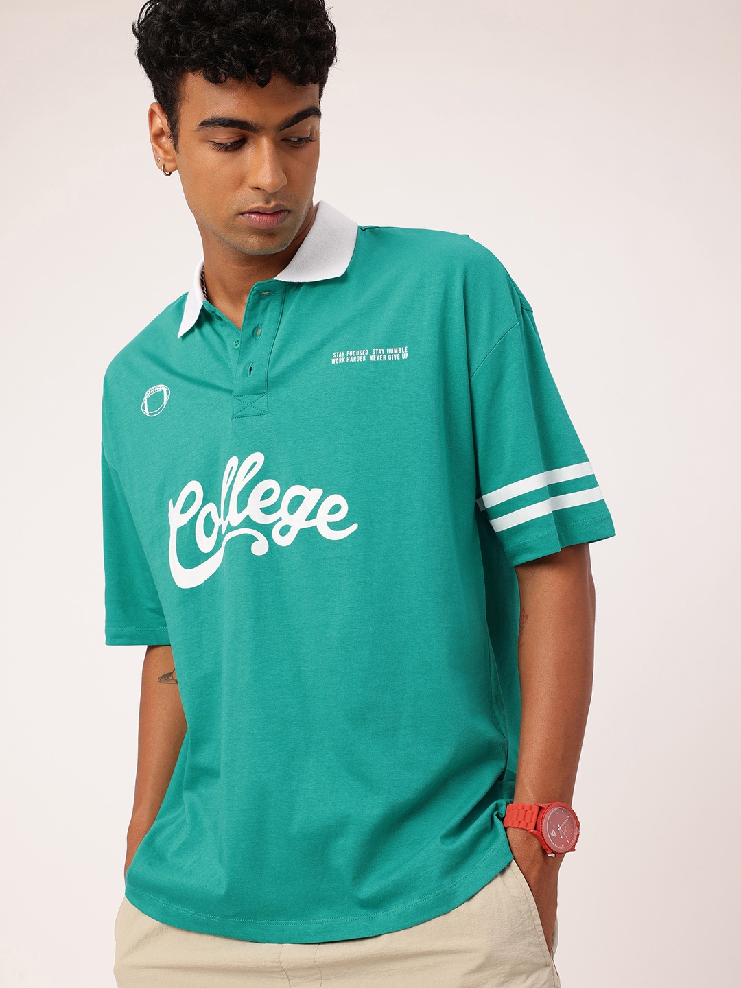 

Kook N Keech Collegiate Casual Typography Printed Polo Collar Oversized T-shirt, Sea green