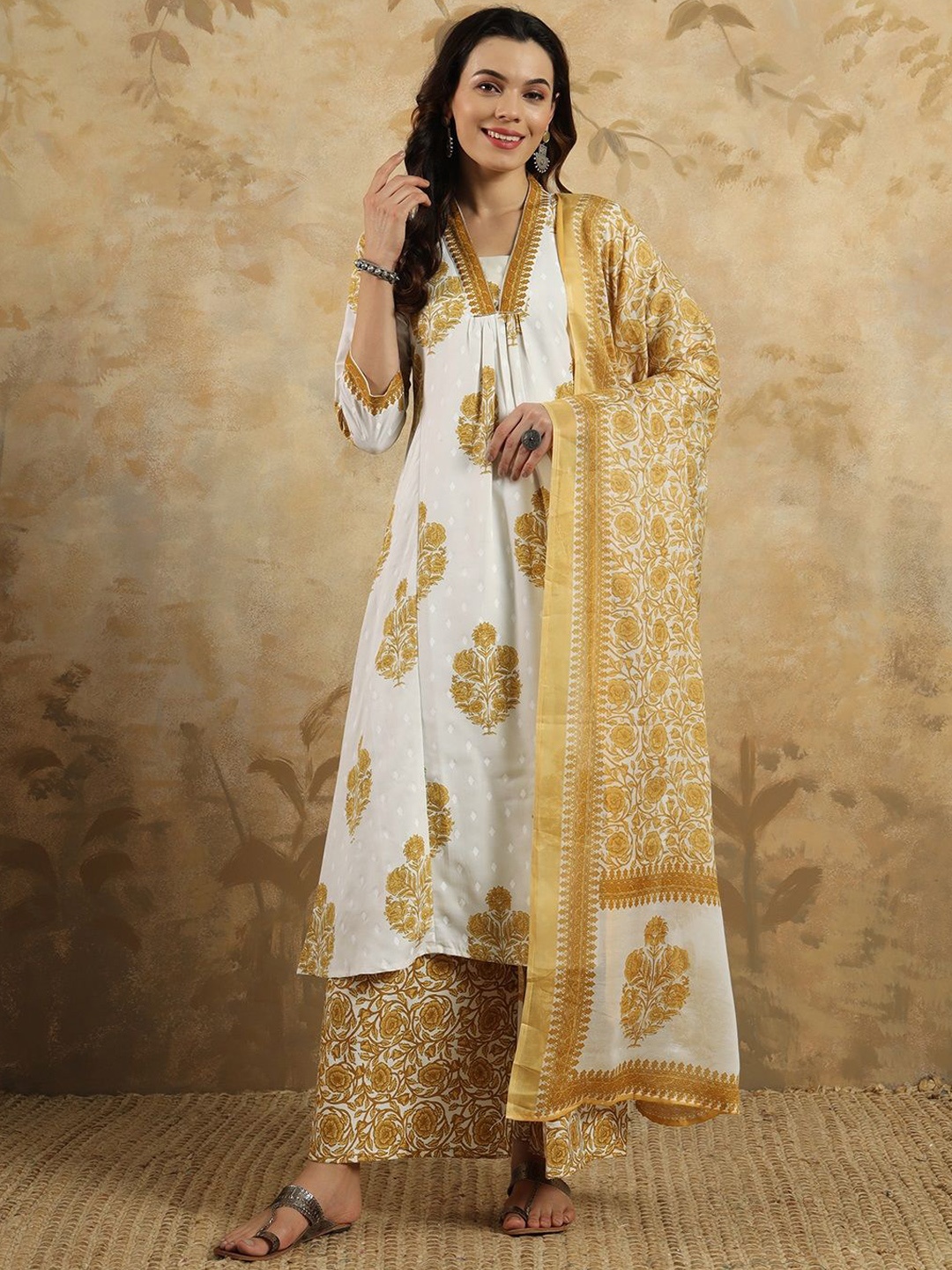 

Meena Bazaar Floral Printed A-Line Kurta With Palazzo And Dupatta, Cream