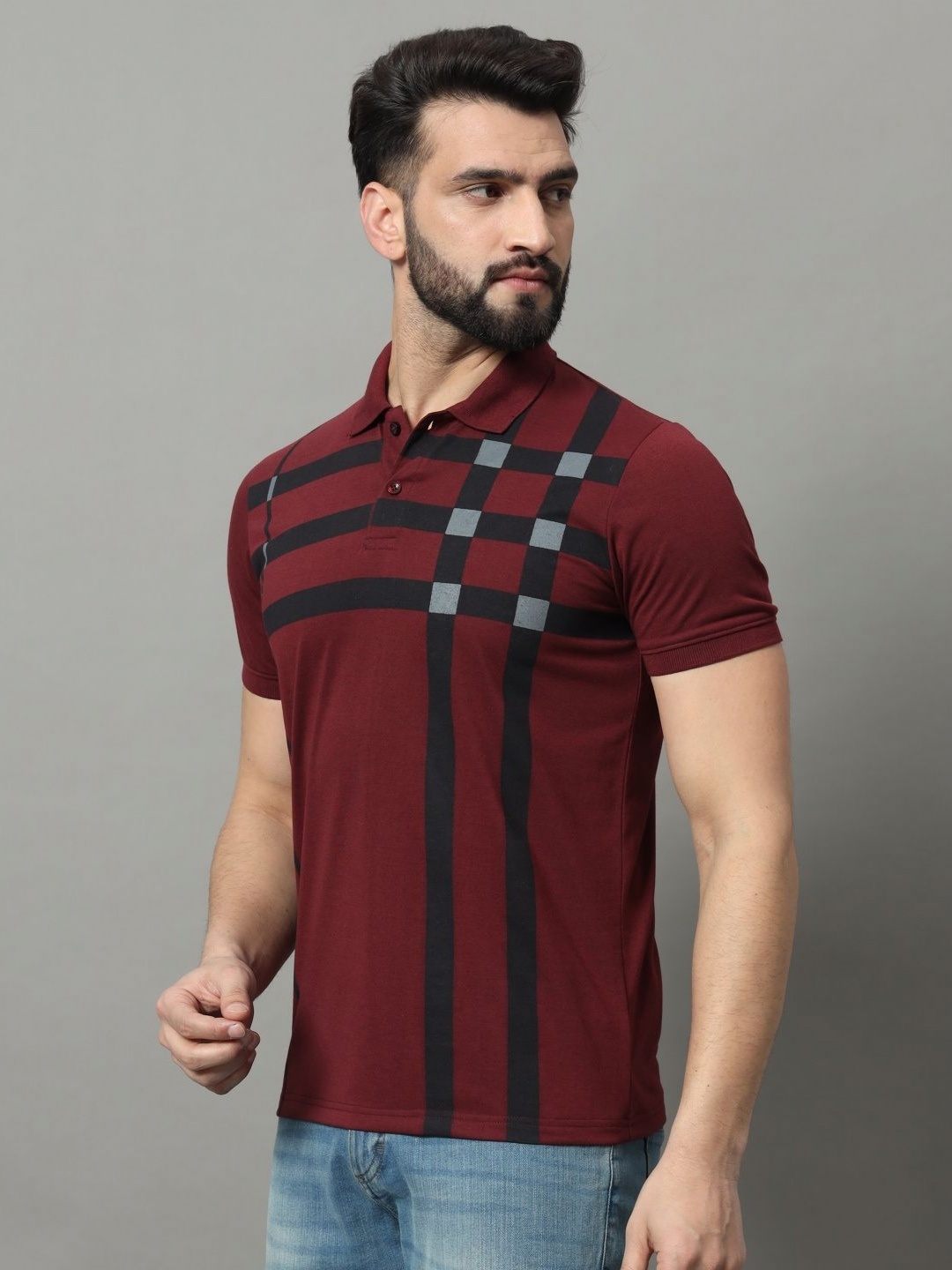 

OGEN Men Floral Printed Polo Collar Pockets T-shirt, Maroon