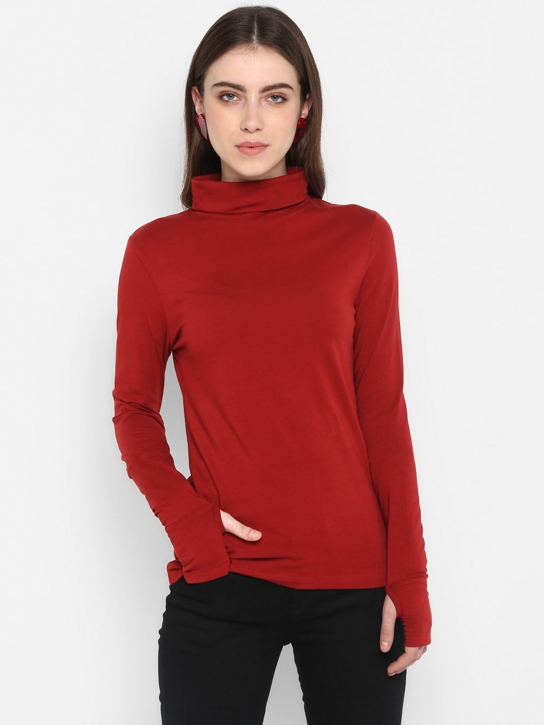 

Metronaut Women High Neck Slim Fit T-shirt, Burgundy