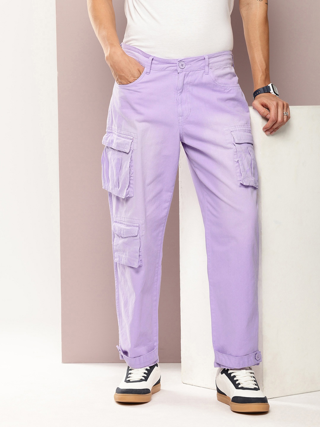 

Kook N Keech Men Pure Cotton Straight Fit Faded Cargos Chinos Trousers, Lavender