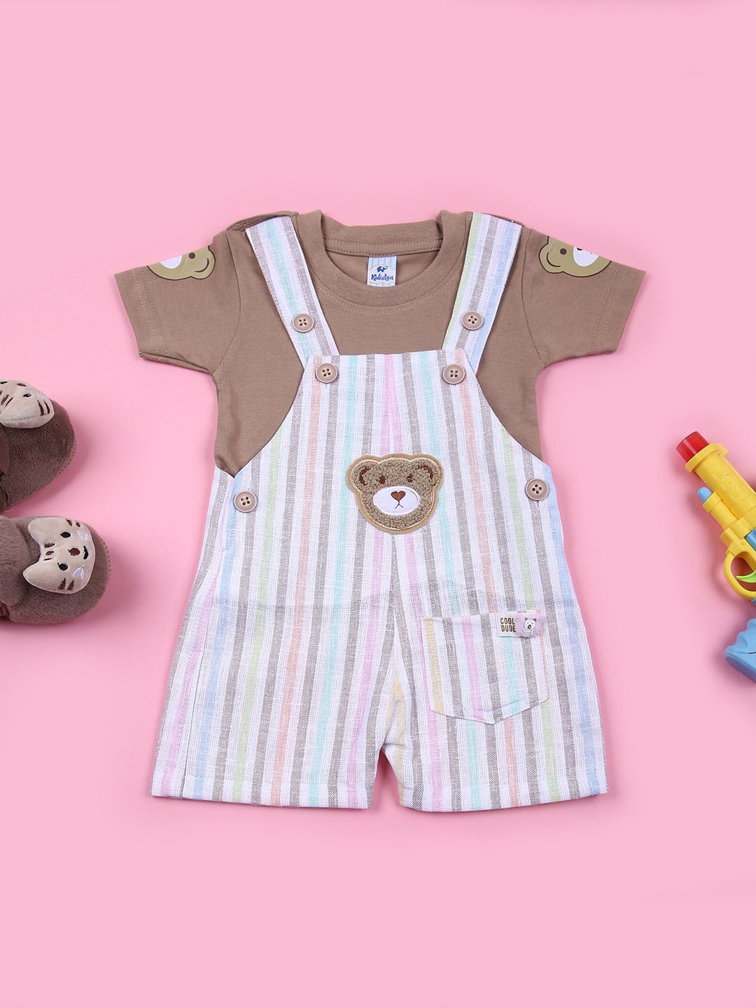

V-Mart Infant Boys Striped Cotton Dungarees With T-Shirt, Brown