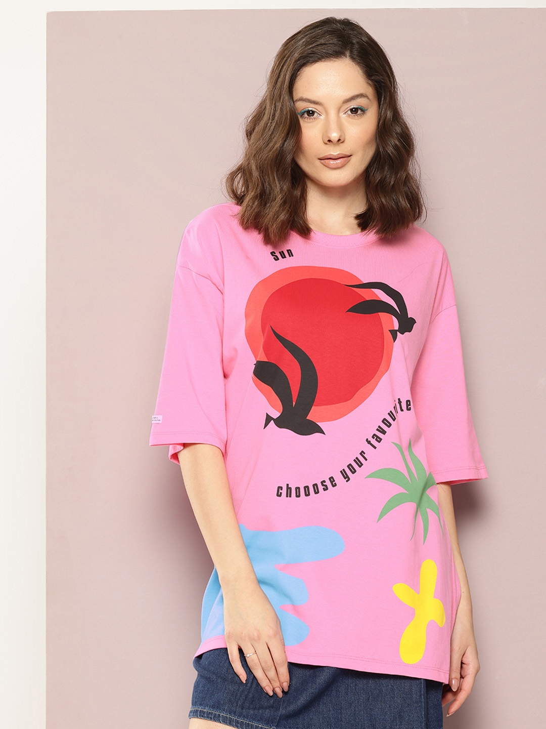 

Kook N Keech Printed Drop-Shoulder Sleeves Pure Cotton Oversized T-shirt, Pink