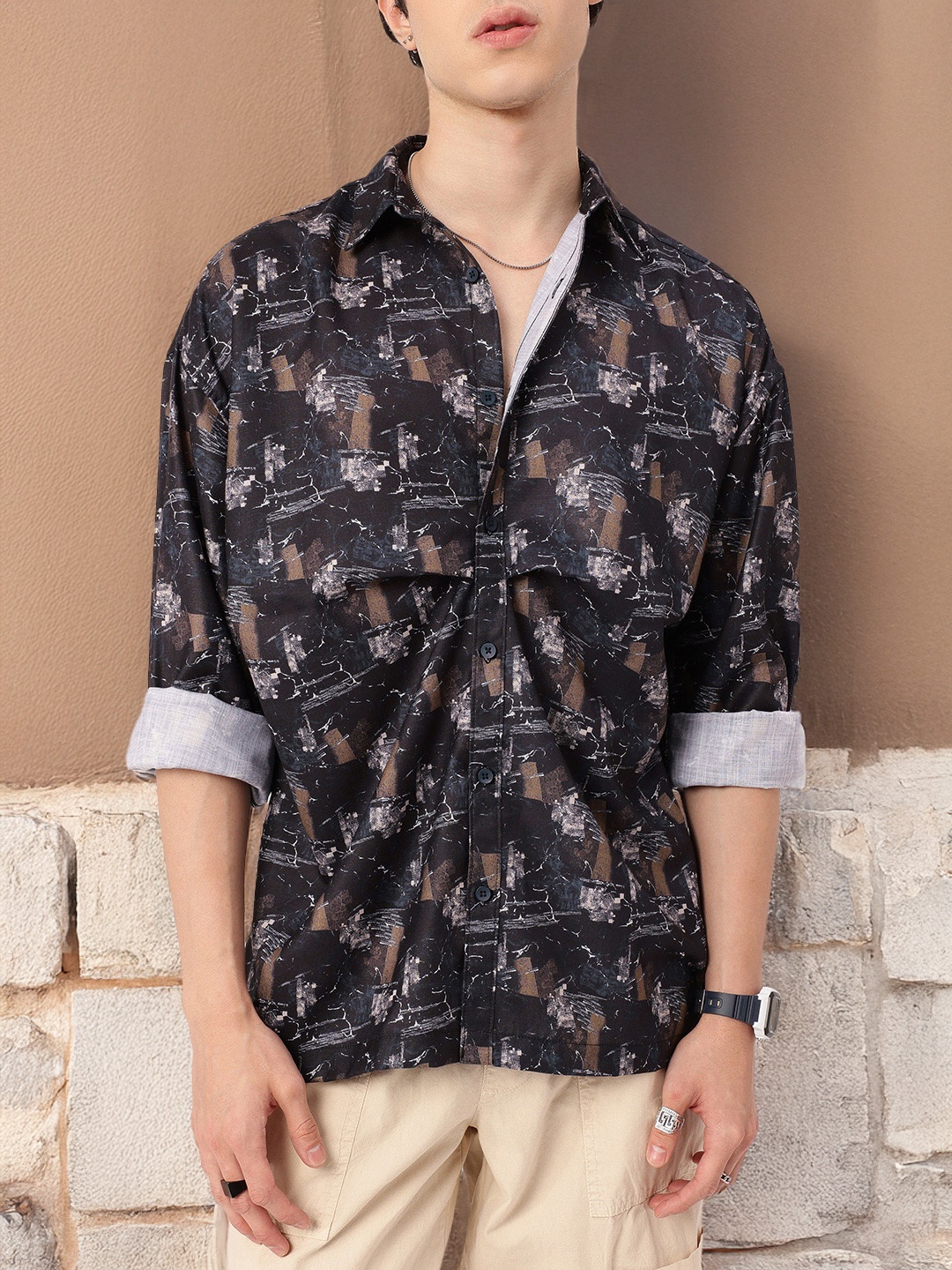 

Kook N Keech Its So Indie Pleat Style Relaxed Fit Printed Shirt, Black