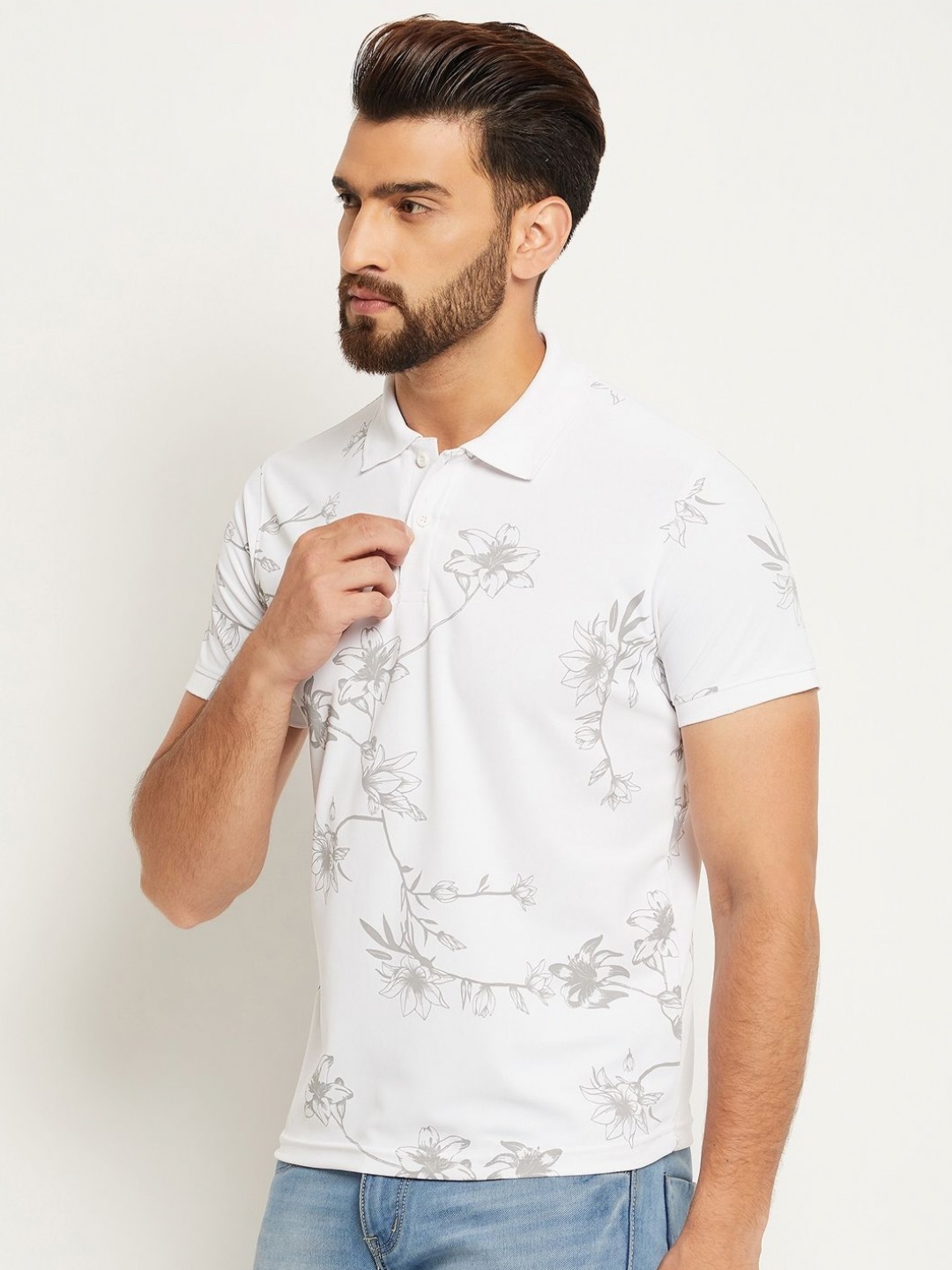 

OGEN Men Floral Printed Polo Collar Extended Sleeves Pockets T-shirt, White
