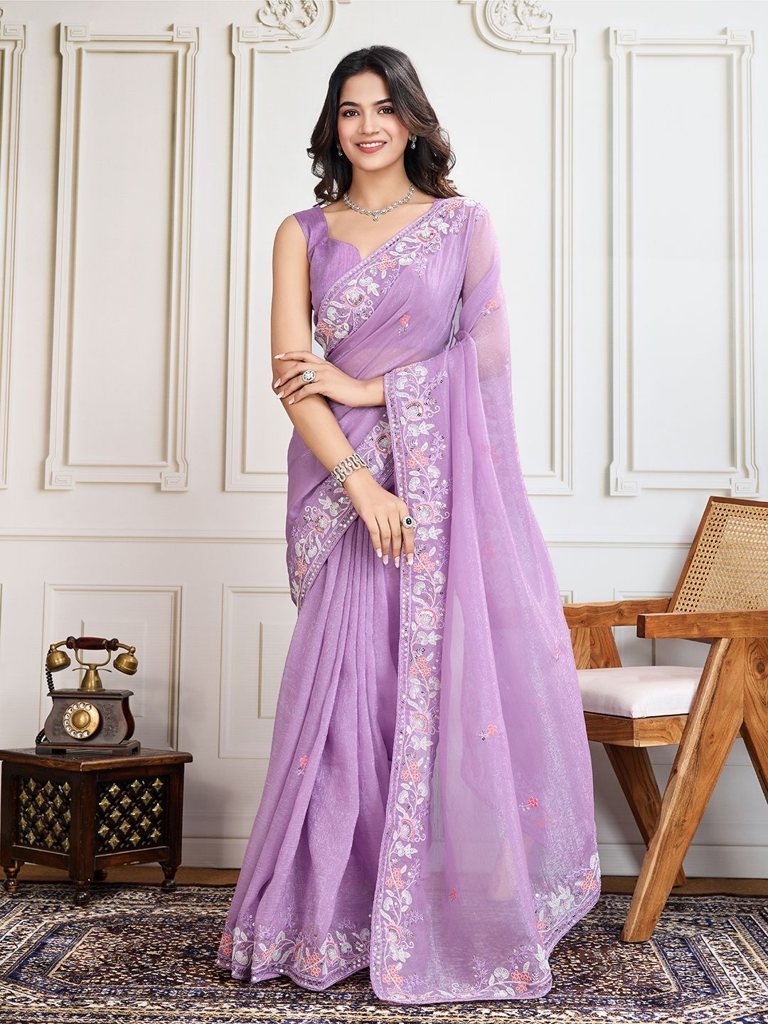 

Lavender Embroidered Saree With Blouse Piece