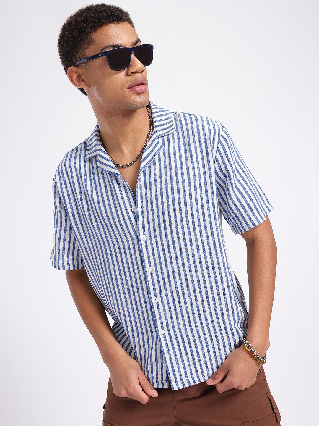 

glitchez Striped Sync Textured Relaxed Fit Shirt, Blue