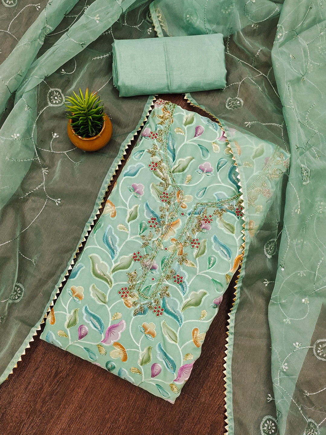 

Rangtulika Floral Printed Sequinned Organza Unstitched Dress Material, Green
