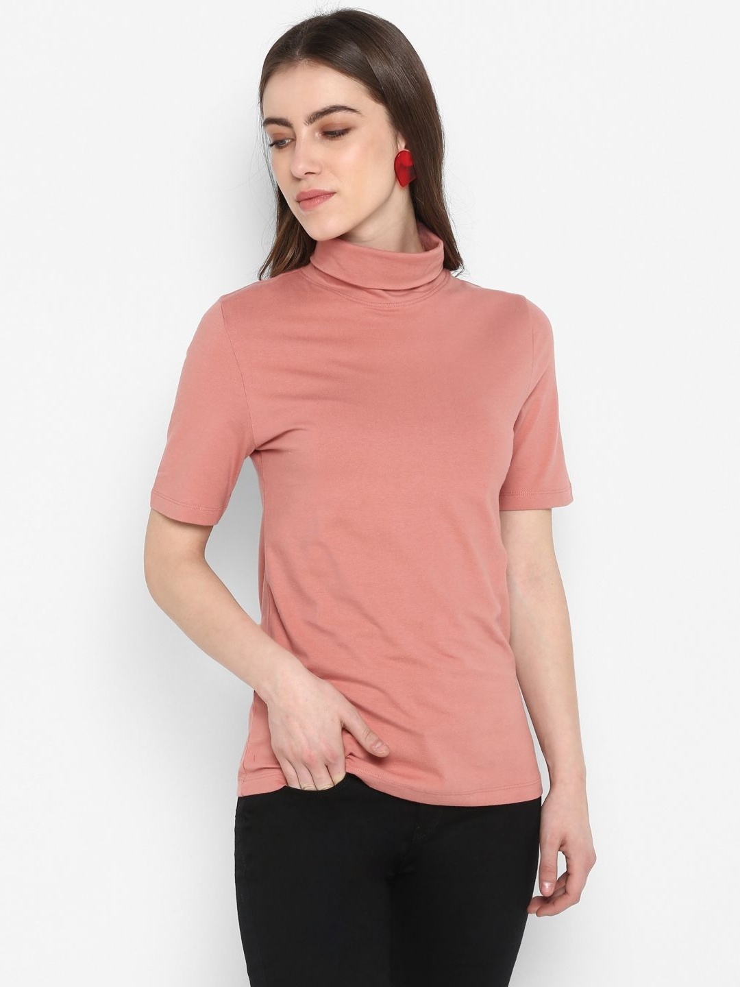

Metronaut Women High Neck Slim Fit T-shirt, Pink