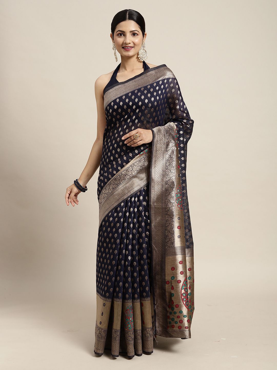 

Anouk Rustic Woven Design Zari Silk Cotton Banarasi Saree, Navy blue