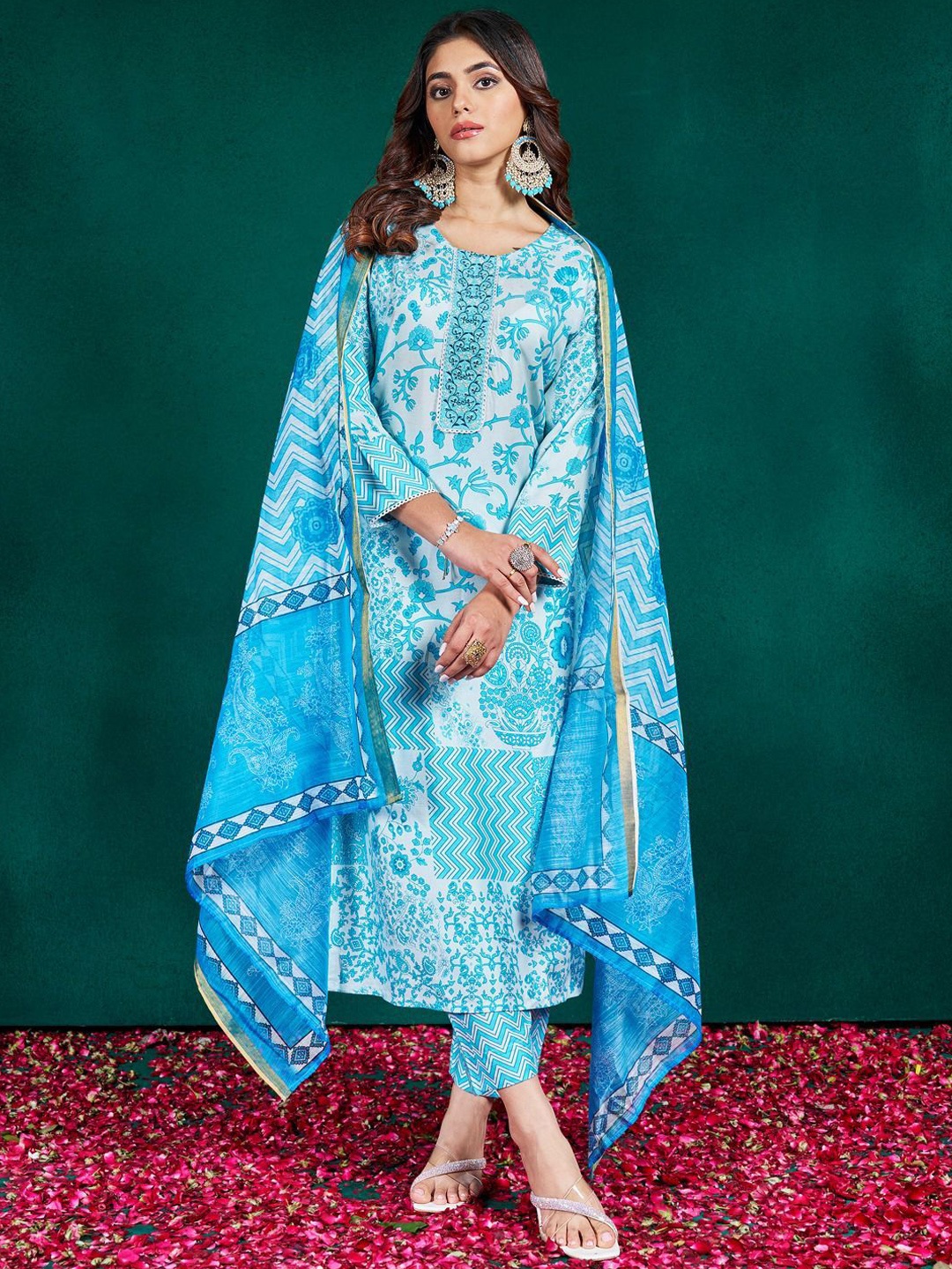 

Anouk Floral Printed Sequinned Kurta With Trousers & Dupatta, Blue