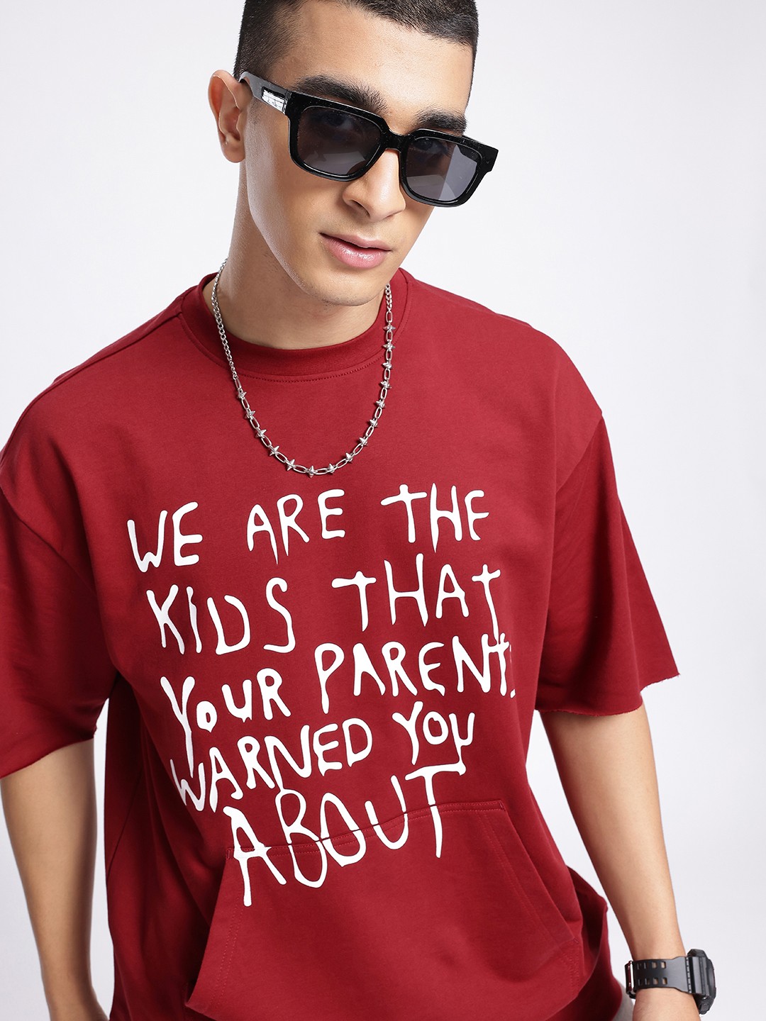 

glitchez Urban Cool Typography Printed Kangaroo Pocket Oversized Heavy GSM Tshirt, Maroon
