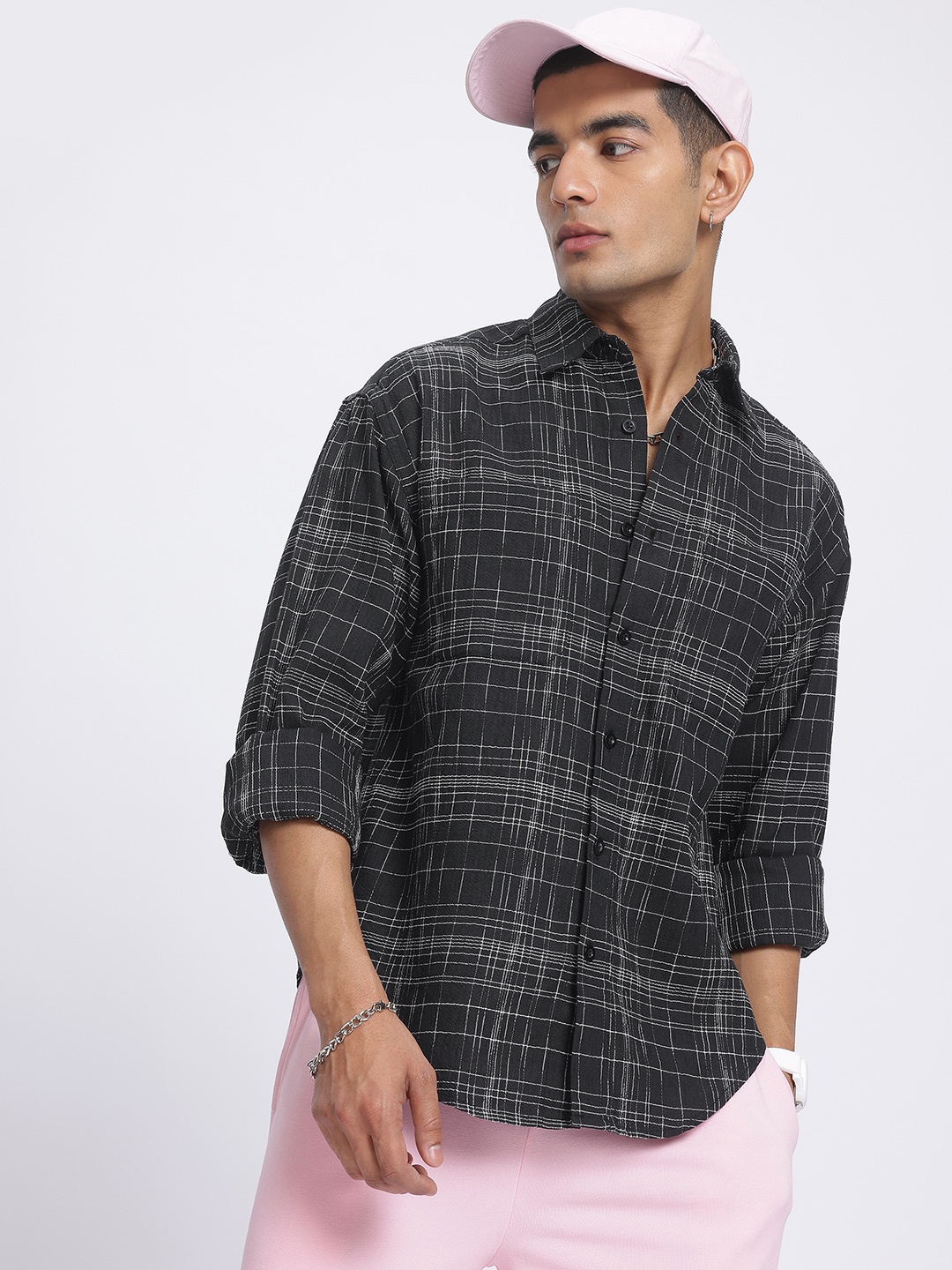 

glitchez Cozy Checks Oversized Casual Shirt, Black