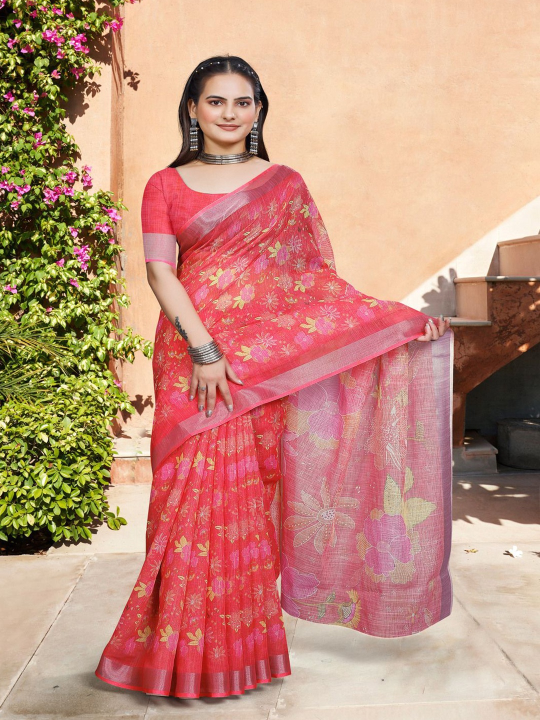 

TRENDING KART Floral Zari Linen Blend Chanderi Saree, Red